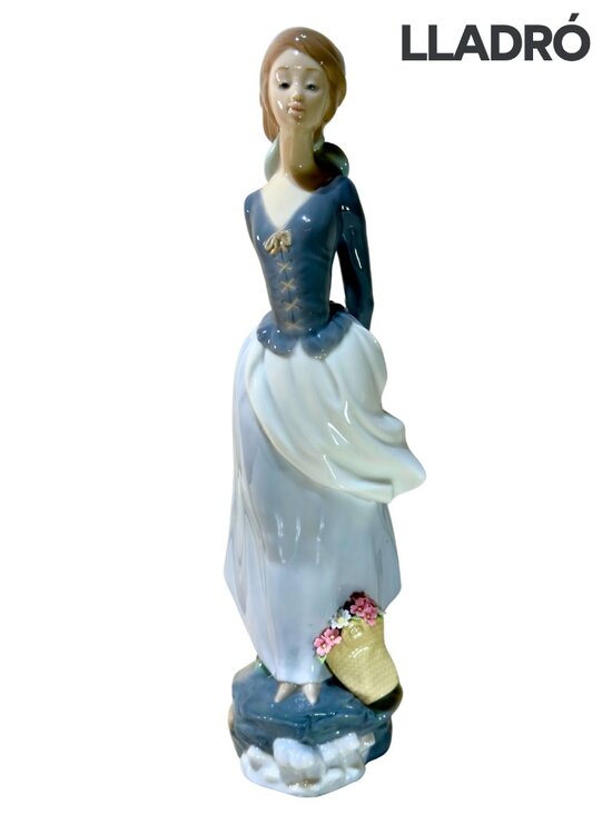 Lladró Other - LLADRÓ Woman in the Wind Blue Dress Flower Basket Porcelain Figurine
